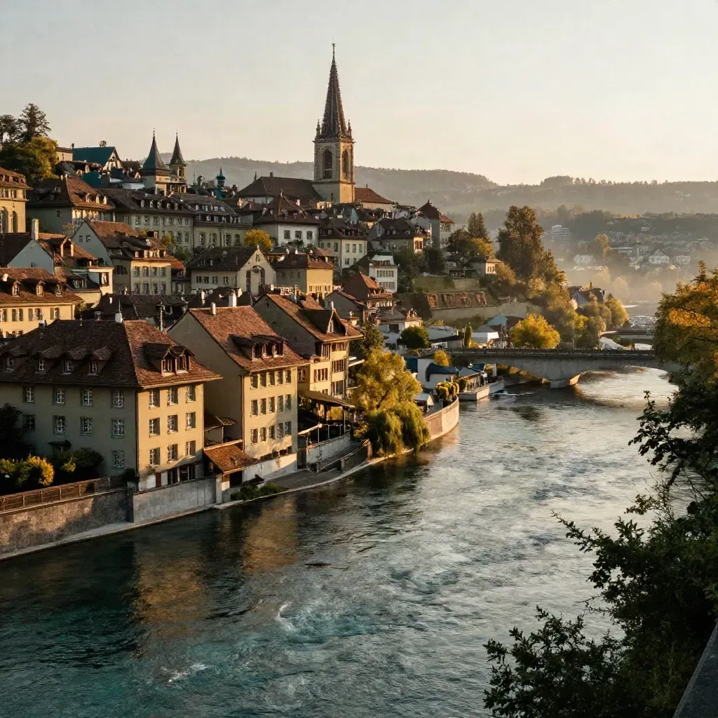 Berns Altstadt und die Aareschleife im goldenen Abendlicht über ruhigen Terrassen
