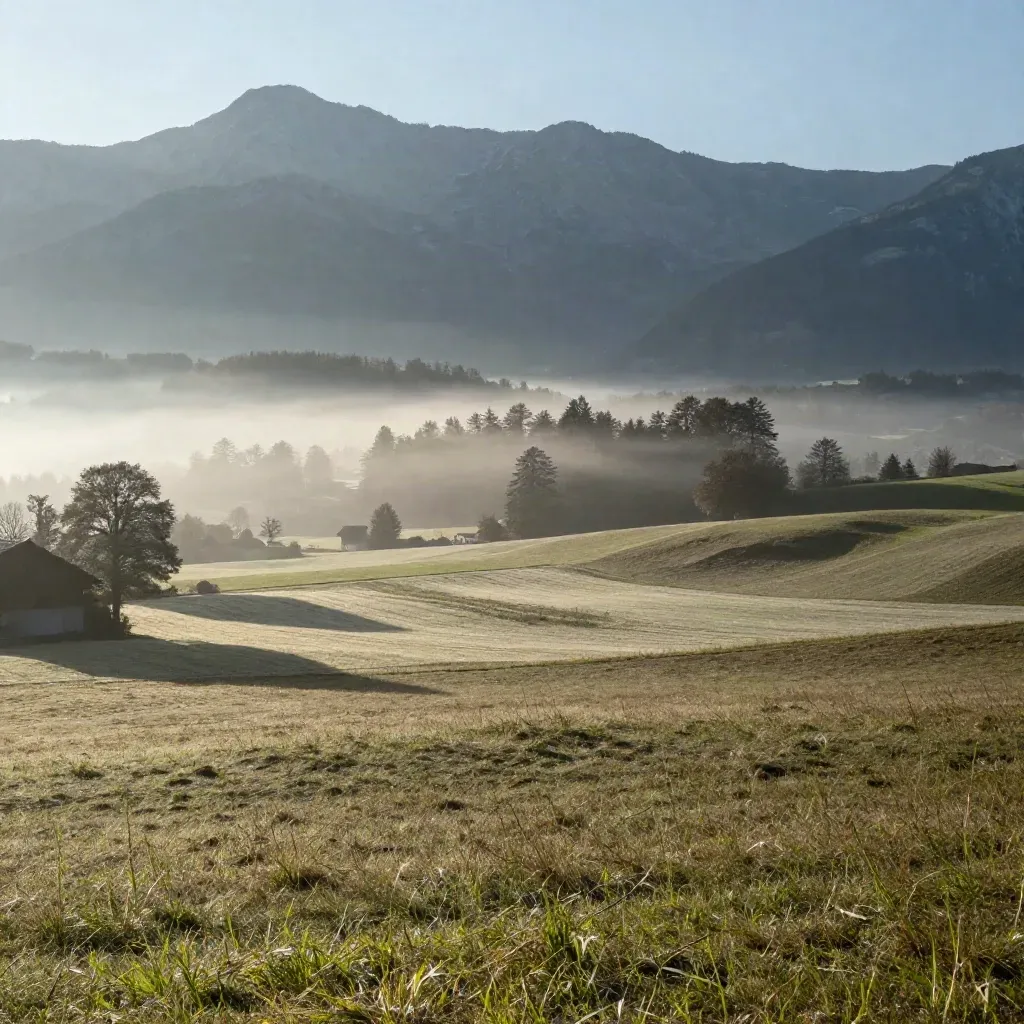 Weite Hügellandschaft über St. Gallen mit nassen Wiesen, Nebel und fernen Alpen