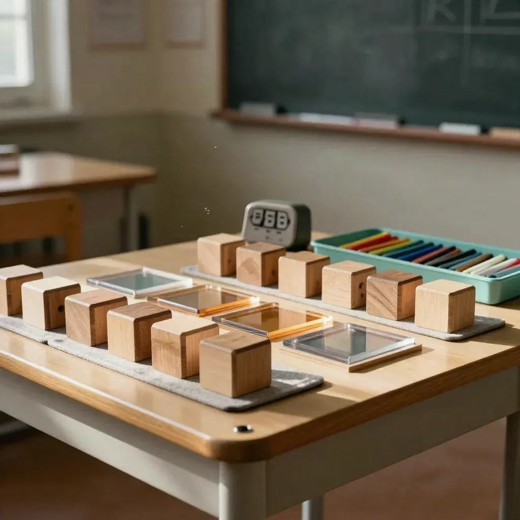 Schulworkshop-Station mit Holzwürfeln, Geometrietiles, Timer und Markern im Klassenraum.