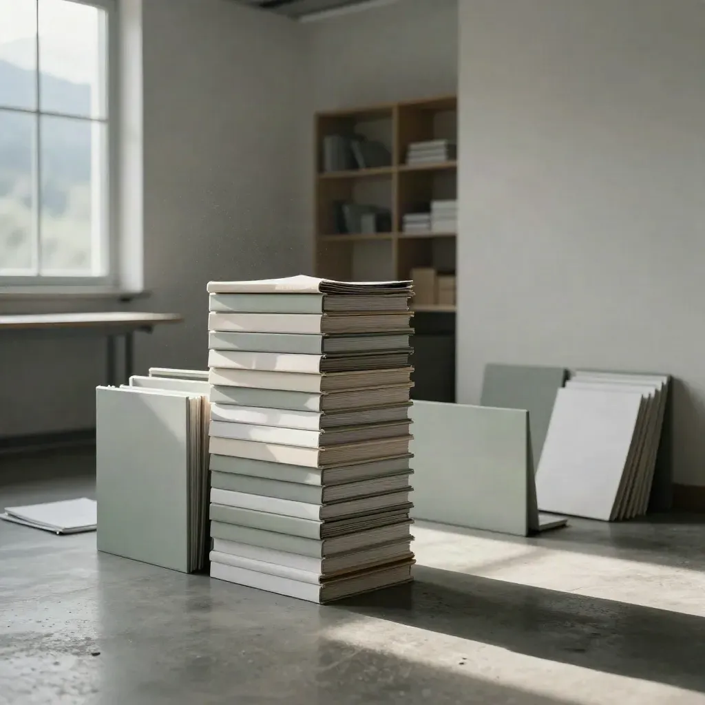 Schulungsraum mit Kursboxen, Ringordnern und hellem Plasterlicht im Morgenhauch.