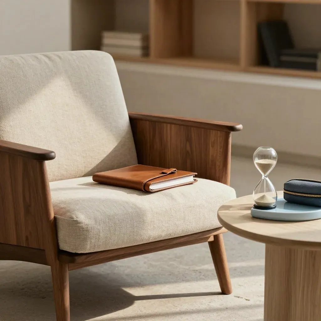 Stiller Coaching-Eckplatz mit Sessel, geschlossenem Planer, Sanduhr und Etui in hellem Blau.