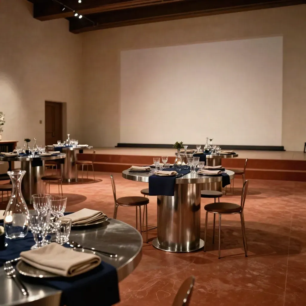 Eleganter Eventraum mit Stehtischen, Gläsern und Leinwandlicht auf Putz