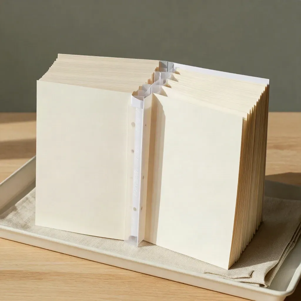 Ordentliches Lernmaterial-Kit mit Heften, Vorlagenkarten und Registerlaschen auf hellem Holz.