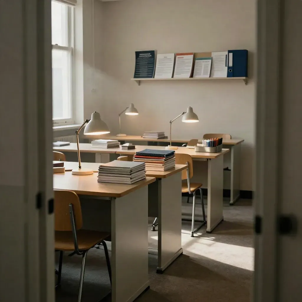 Leerer Prüfungsraum mit Schreibtischen, Lampen und Lernmodul-Stapeln im Morgenlicht.