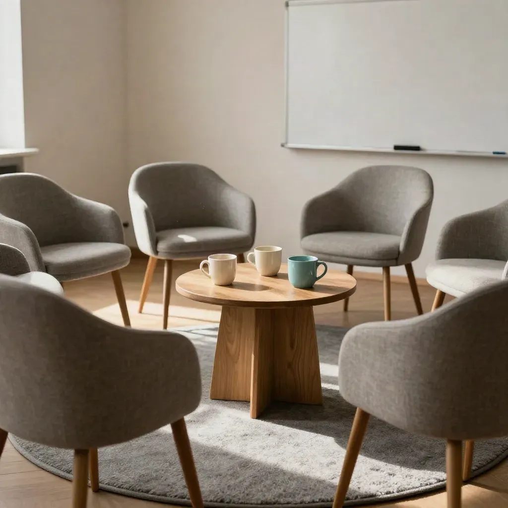 Warmer Seminarraum mit sieben leeren Stühlen, rundem Teppich und Tassen in Zürich.