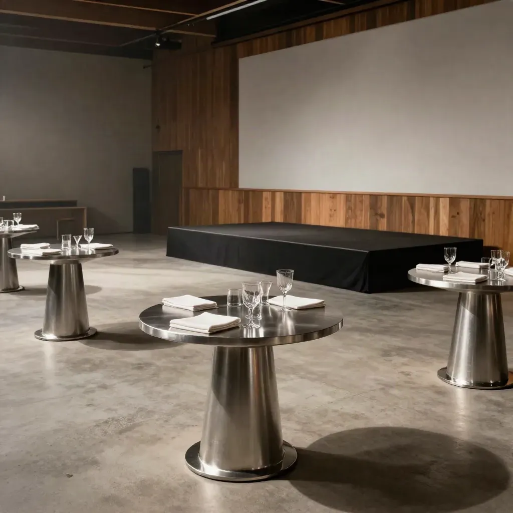 Leerer Eventsaal mit Stehtischen, Gläsern und kleiner Bühne im dramatischen Licht.