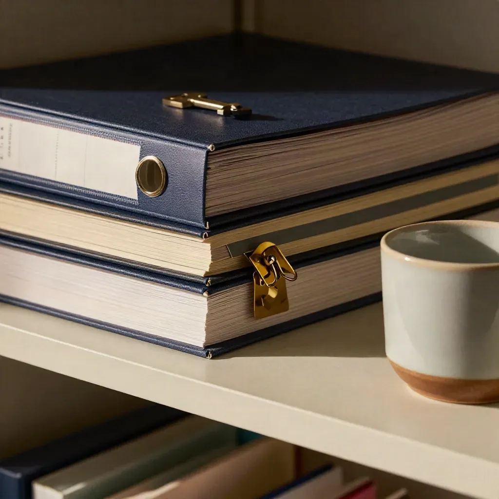 Binders, Registerkarten und eine Tasse auf einem Buchenregal im dramatischen Licht.