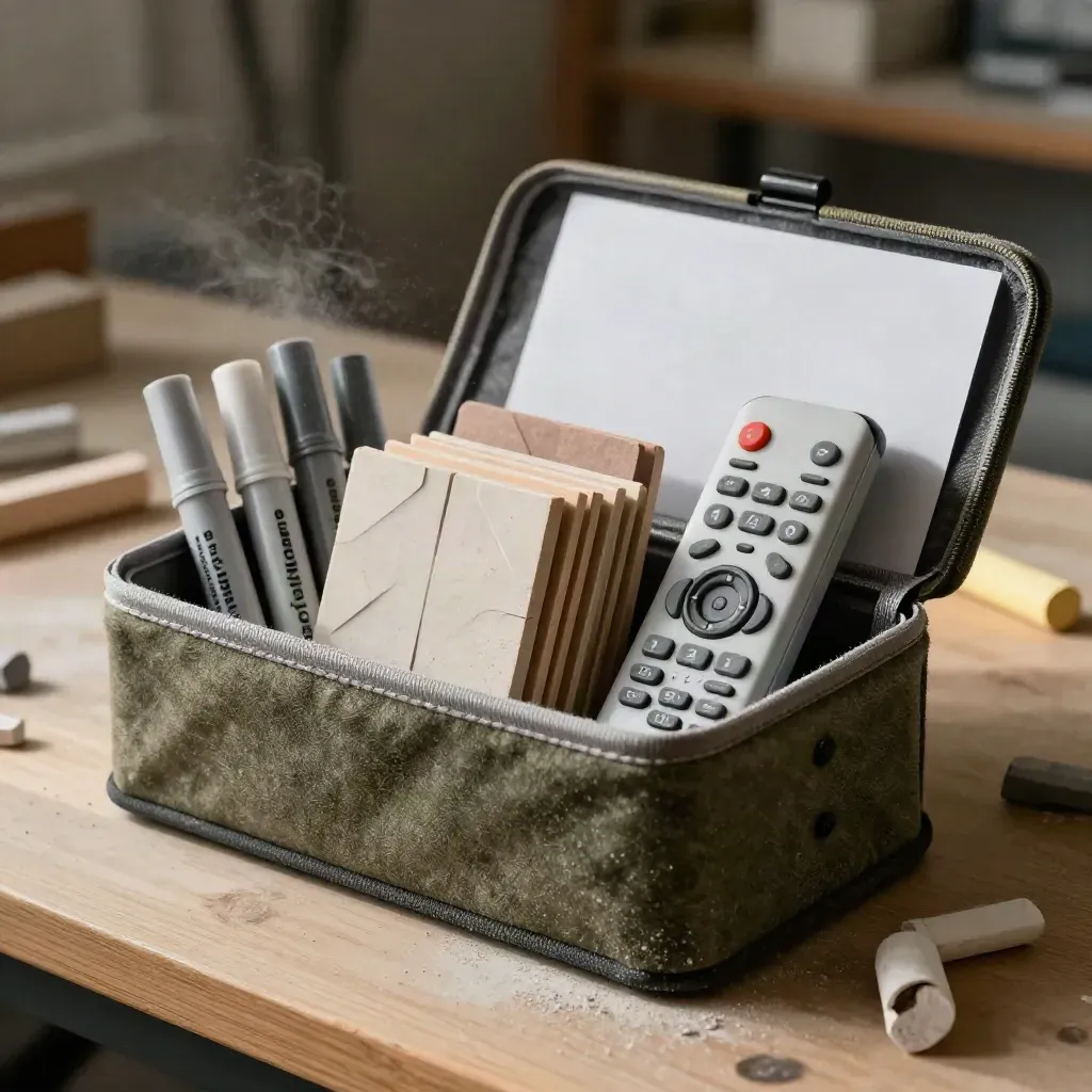 Workshop-Kit mit Markern, Formteilen, Kreide und Fernbedienung auf hellem Werkbanktisch