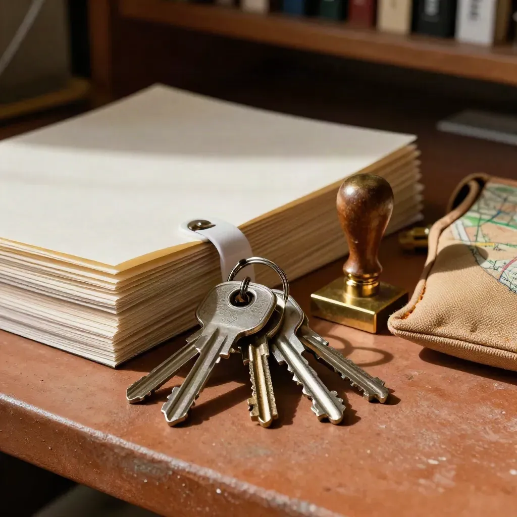 Schlüssel, Badge-Clips, Kontaktmappen und Messingstempel auf einer terrakottafarbenen Werkbank.