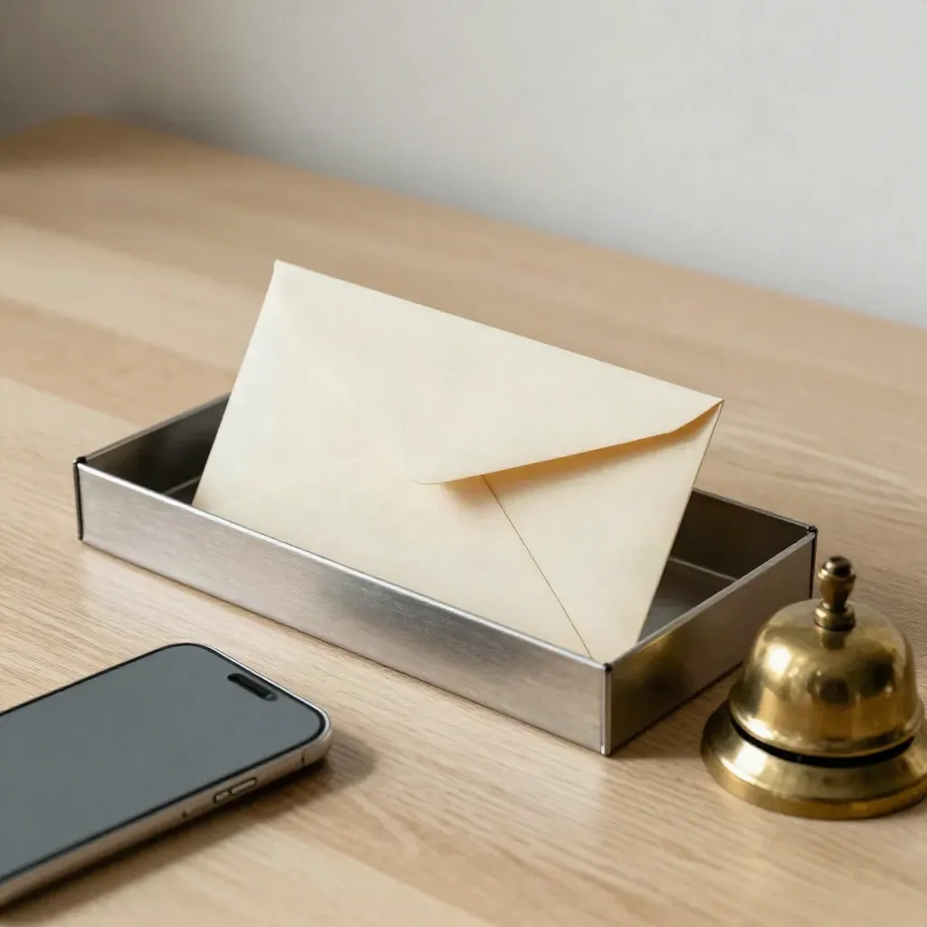 Umschlag im Briefablagefach neben Handy und Messingklingel auf hellem Holz.