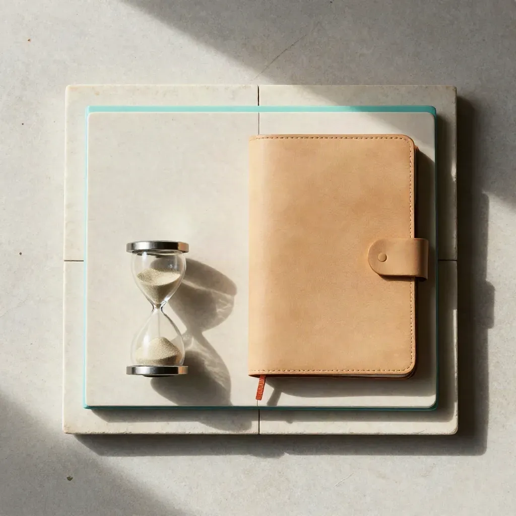 Draufsicht auf drei Format-Tiles, Leder-Notizbuch und Sanduhr auf hellem Stein.