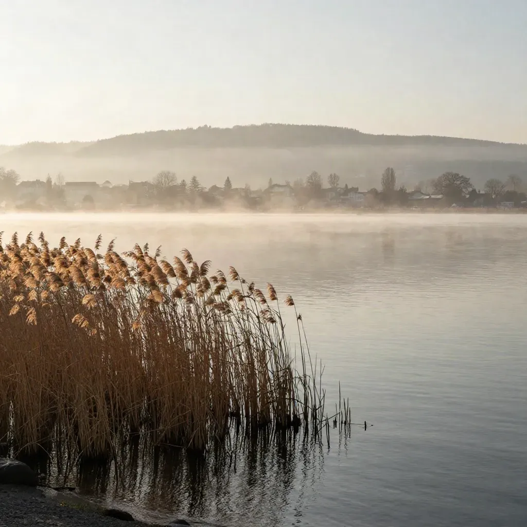Morgendämmerung am Zürichsee mit Schilfufer und Nebel über dem Wasser, Zürich-Ridge im Hintergrund
