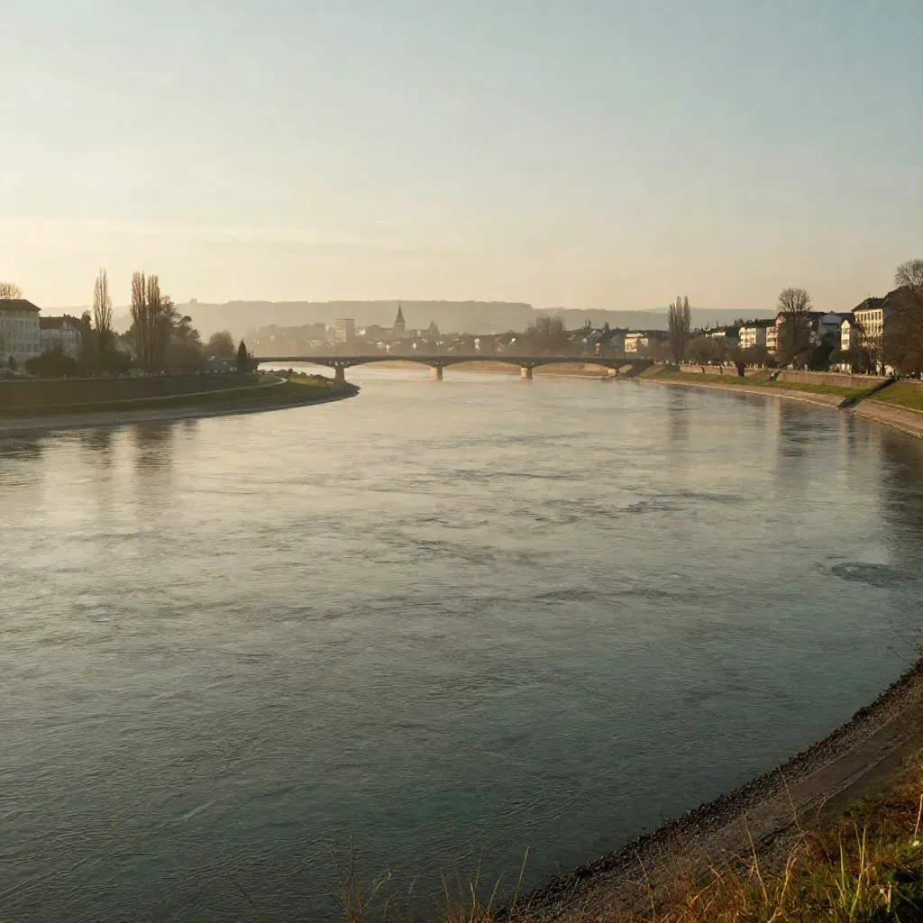 Der Rheinbogen von Basel im Morgenlicht, Skyline und Brücken hoch im warmen Dunst.